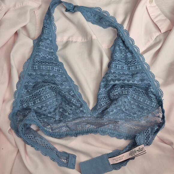 Victoria Secret Halter Style Bralette Dusty Blue Light triangular lining - Picture 1 of 9